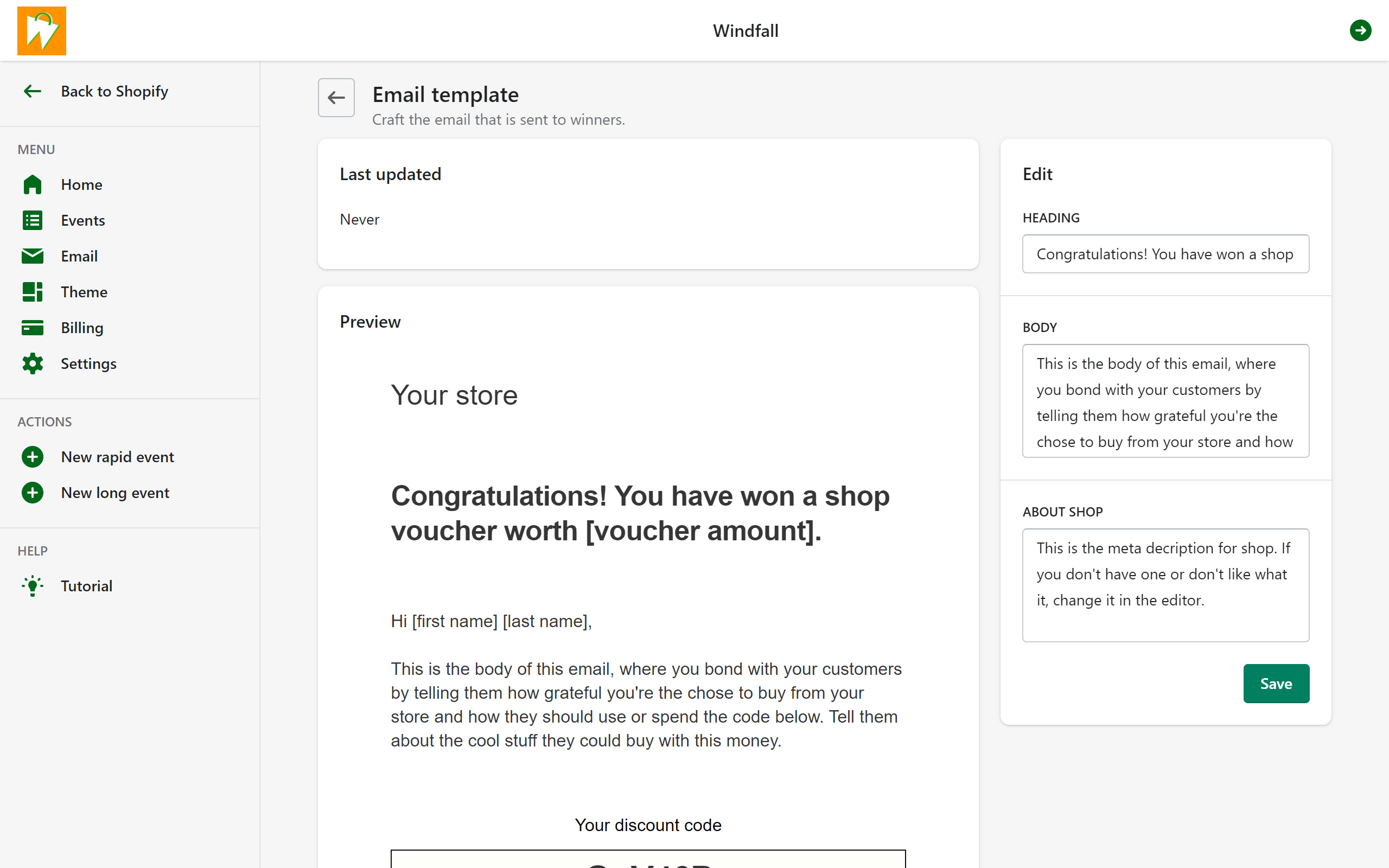 Screenshot of email configuration page on the Windfall app